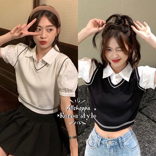 Allshoppa | ส่งทันที! Minjoo knit shirt เสื้อกั๊กไหมพรหมแต่งปกเชิ้ตแขนตุ๊กตา ผ้านิ่มใส่สบาย แบบสาวเกาหลี 🌸