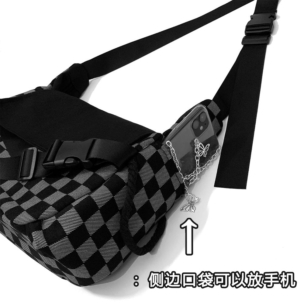 new-textured-grey-and-black-checkerboard-all-match-messenger-bag-men-and-women-กระเป๋าสะพายไหล่ผ้าใบกระเป๋านักเรียน