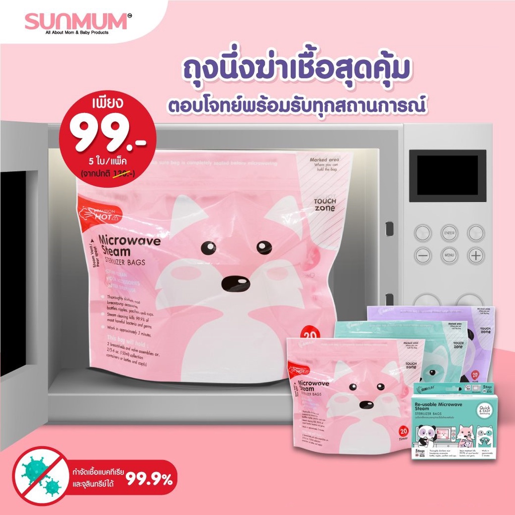 sunmum-ถุงนึ่งฆ่าเชื้อขวดนมและอุปกรณ์ในไมโครเวฟ-5-ใบ