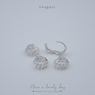 8August ต่างหูเงินแท้ ต่างหูห่วง ฝังเพชร ใบมะกอก ใส่ได้ 2 ด้าน 10 mm Olive Leaves Hoop Earrings S925 (A15)