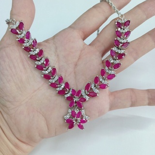 สร้อยคอแฟชั่นผู้หญิงพลอยสีมาคีสลับเพชรกลม cz แบบสวยงาม ชุบทองคำขาว ราคาพิเศษ