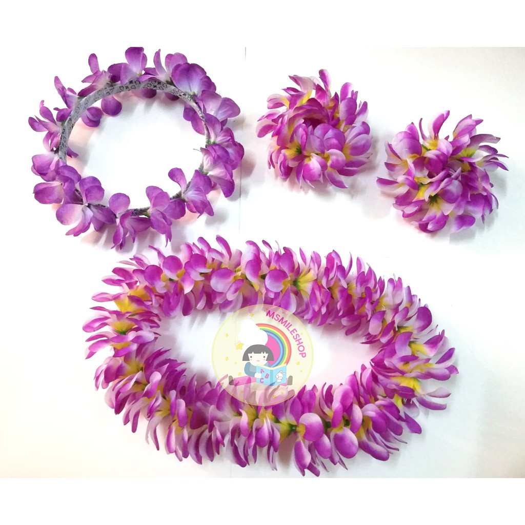 set-มาลัยคล้องฮาวาย-มงกุฎดอกไม้-ข้อมือดอกไม้2ข้าง-สร้อยคอดอกไม้-สีม่วง