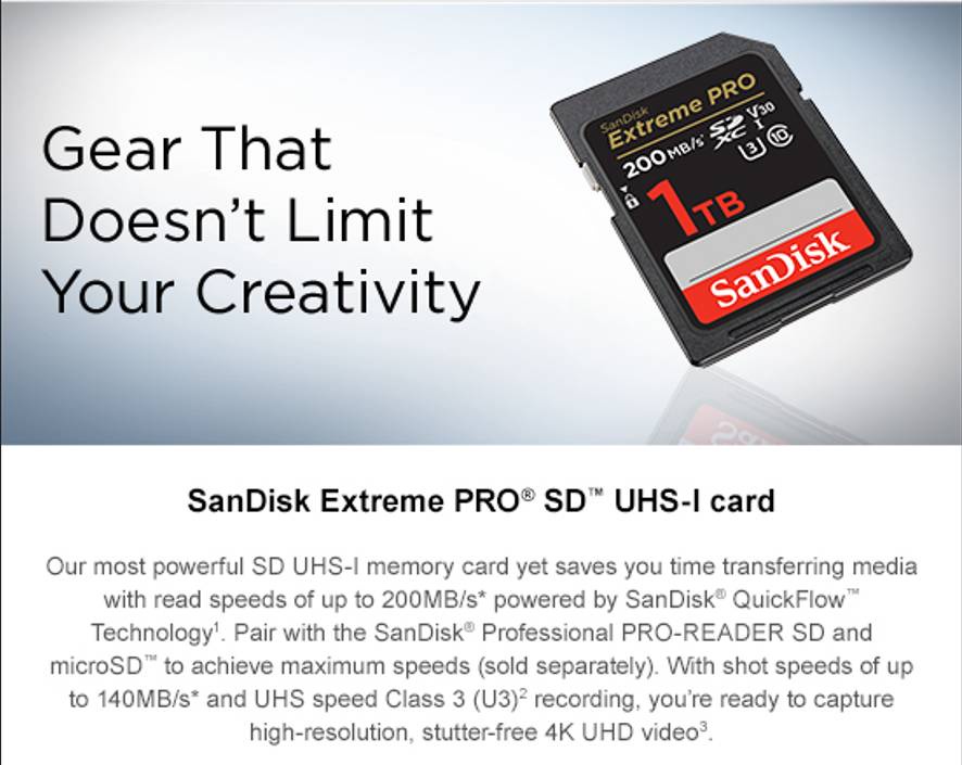 ข้อมูลประกอบของ SANDISK EXTREME PRO SDXC UHS-I CARD 64GB (SDSDXXU-064G-GN4IN) ความเร็ว อ่าน 200MB/s เขียน 90MB/s