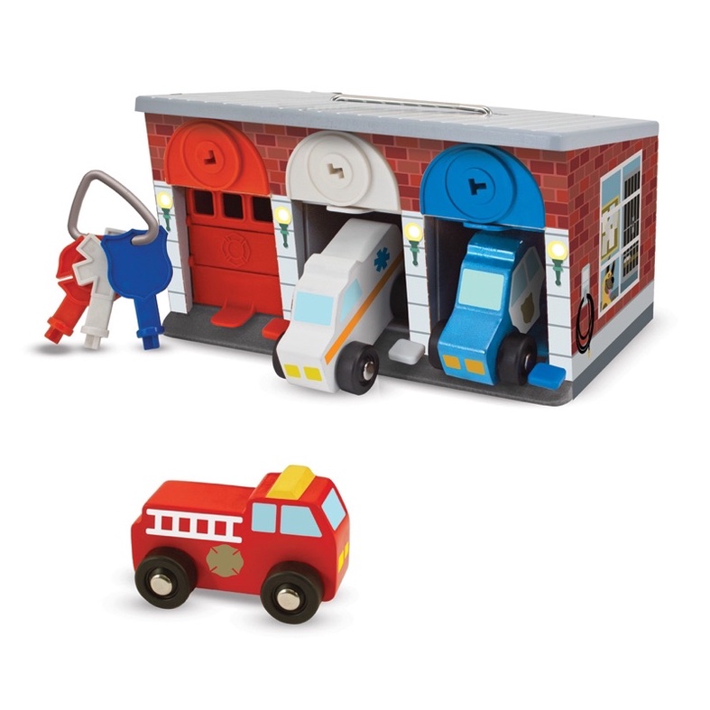 ชุดเล่นรถกู้ชีพ-พร้อมโรงจอดรถ-melissa-amp-doug-keys-amp-cars-rescue-garage-lock-amp-roll-fire-truck