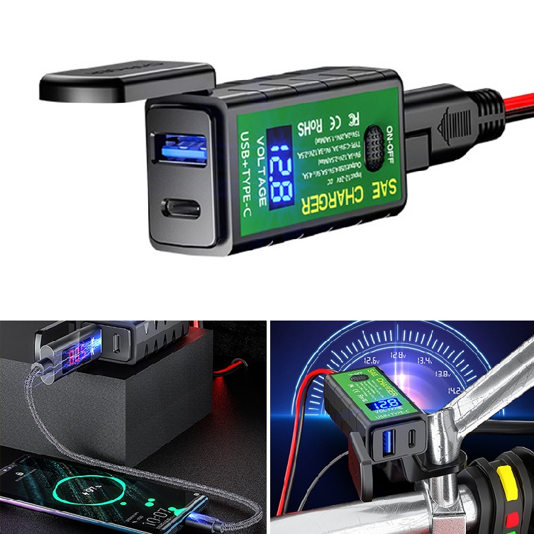 Motorcycle SAE To USB Charger Adapter With QC3.0 Dual Ports & Voltmeter (Waterproof)