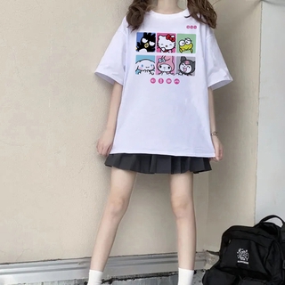 การ์ตูนพิมพ์ holley kitty และ Kuromi และ Cinnamoroll เสื้อยืดเสื้อฤดูร้อน Streetwear O-Neck สาวหวานเสื้อยืด