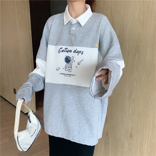 [ใหม่ล่าสุด] เสื้อยืดโปโล แขนยาว คอปก ทรงหลวม ลายนักบินอวกาศ สไตล์อเมริกัน เรโทร แฟชั่นฤดูใบไม้ร่วง และฤดูหนาว สําหรับผู้หญิง