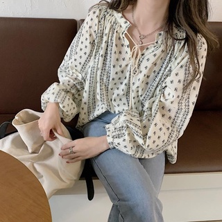 เสื้อแขนยาว คอวี พิมพ์ลาย สไตล์ฝรั่งเศส แนวเรโทร สำหรับสตรี