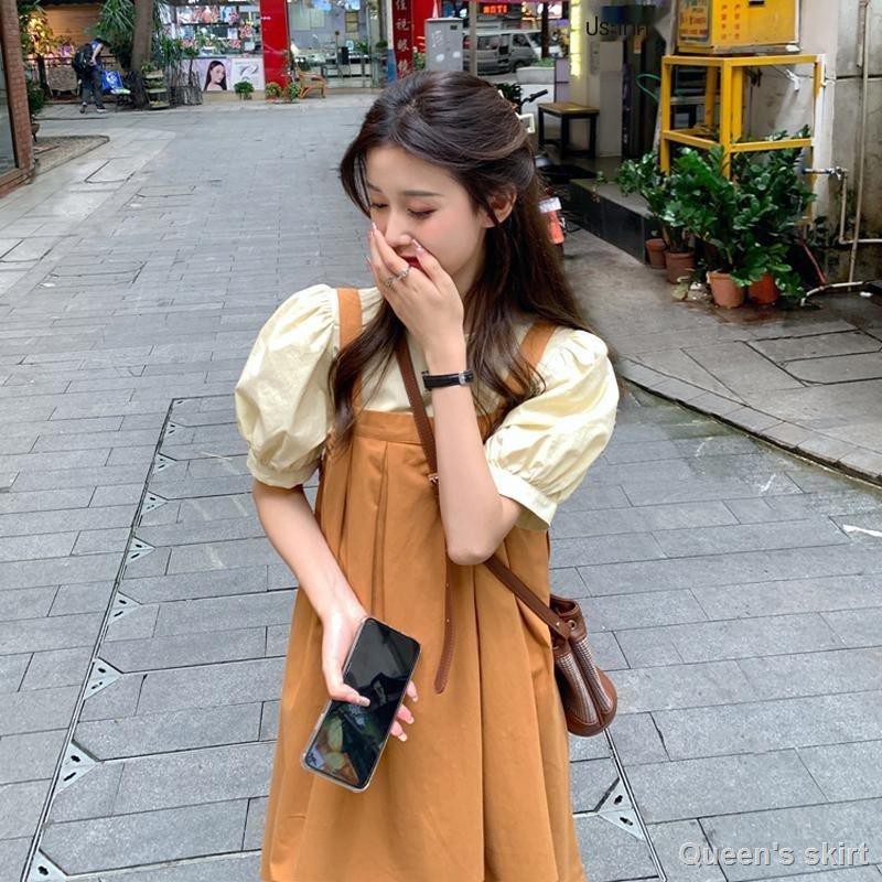 กระโปรงสูทสองชิ้น-เสื้อยืดแขนสั้น-กระโปรง-ชุดสไตล์เกาหลี-ชุดเดรสแขนพอง-เดรสแขนพอง-ชุดเดรสสลิง