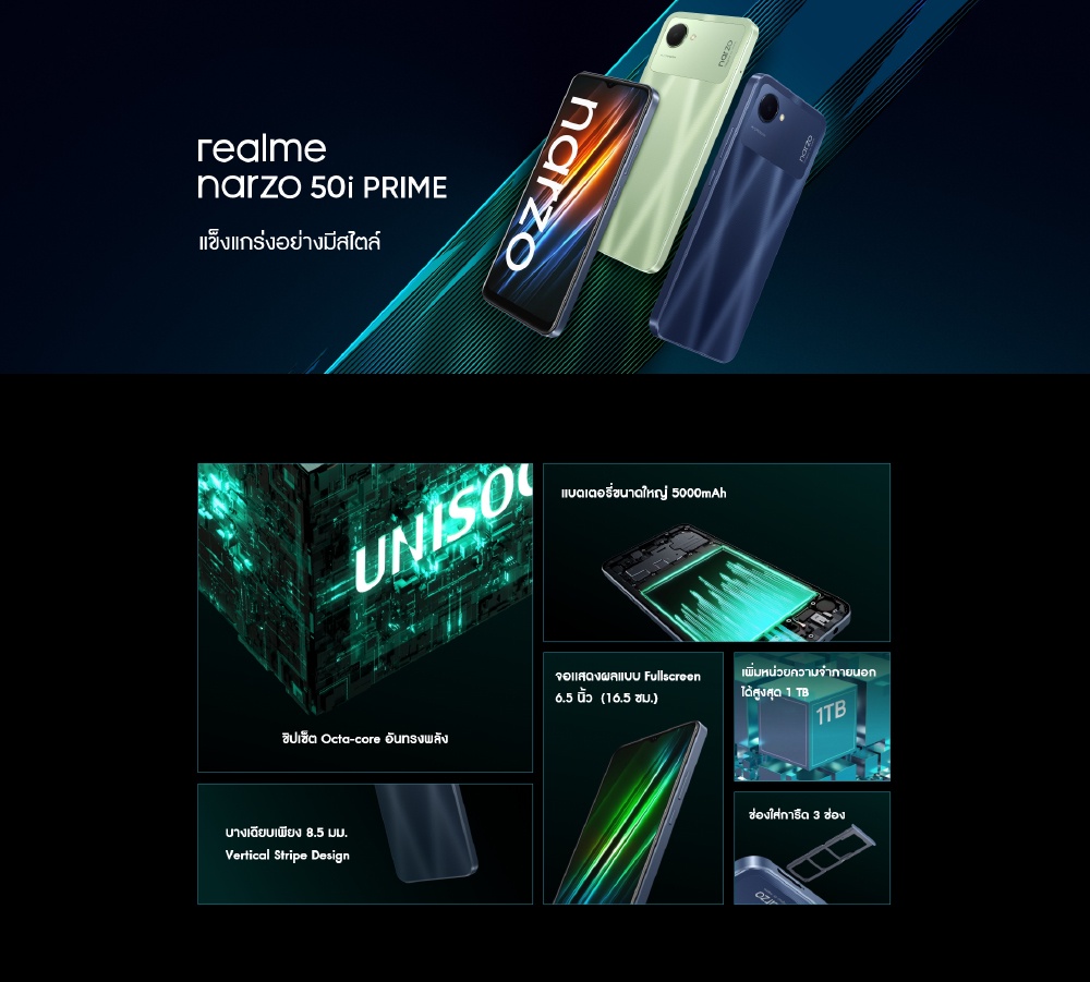 เกี่ยวกับ realme narzo 50i Prime (4+64GB) ชิปเซ็ตOcta-core อันทรงพลัง แบตเตอรี่ขนาดใหญ่ 5000mAh เพิ่มหน่วยความจ