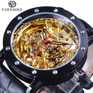 Forsining Royal Flower Carving Gear Golden Movement Transparent Genuine Leather Bezel Mens Mechanical Watches Top Brand