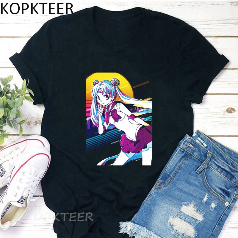 sailor-moon-เสื้อยืดคอก-ลมแขนสั้นพิมพ์ลายเซเลอร์มูน-usagi-tsukino-สําหรับผู้หญิง