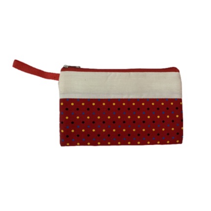 กระเป๋าผ้าใบเล็กใส่ของอเนกประสงค์-ทรงยาวซิปมีหูหิ้ว-สีแดงลายจุด