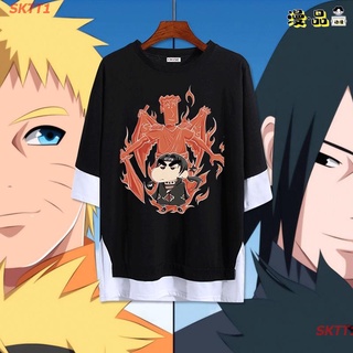 #เสื้อยืดคอกลม#เสื้อยืดผู้ชายและผู้หญิง Naruto Crayon Shin-chan อะนิเมะแขนสั้นเสื้อยืด Naruto Sasuke ปลอม 2 ชิ้นเสื้อผ้า