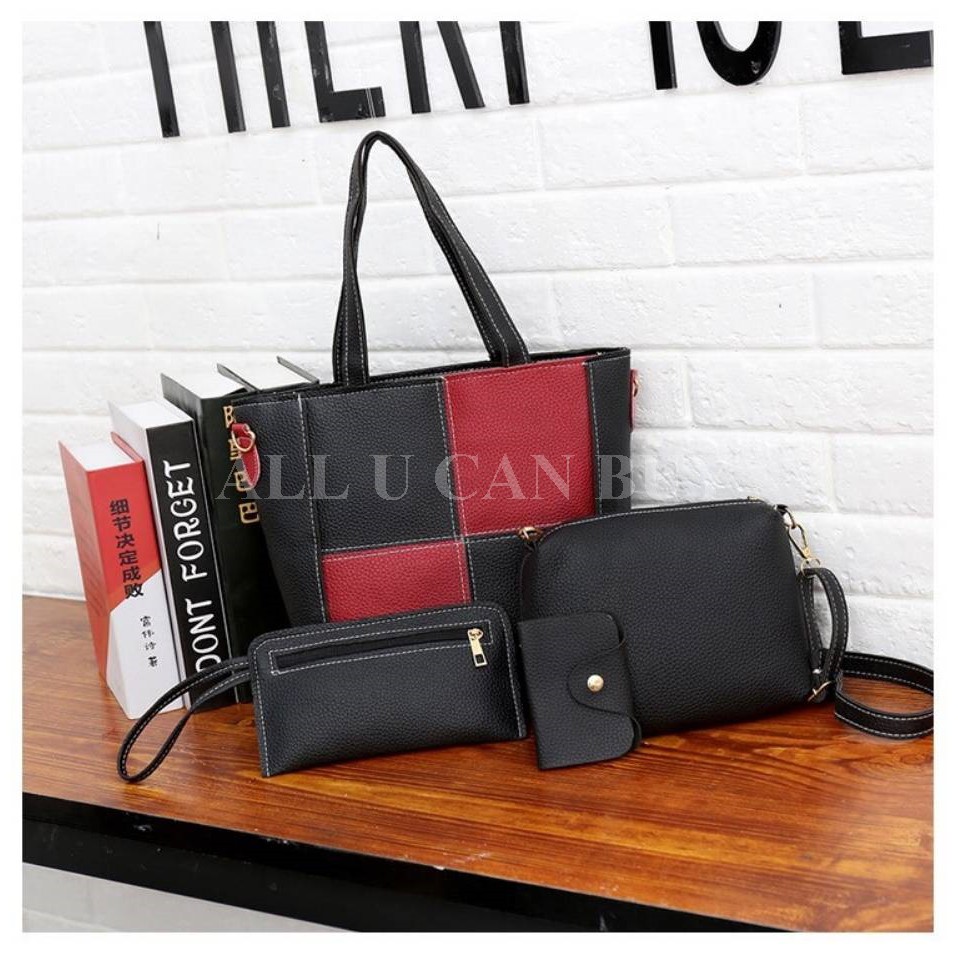 all-u-can-buy-กระเป๋าสะพายข้างผู้หญิงแฟชั่นสีดำแดง-เซ็ต4ชิ้นชุด
