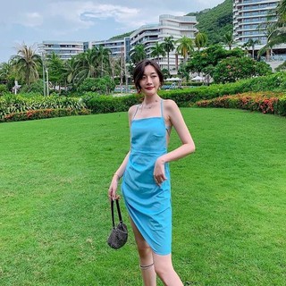 ** พร้อมส่ง จากไทย 🇹🇭 ** Mini dress เดรสสีฟ้าเปลือยหลัง เชือกผูกหลัง DS104