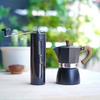 ชุดหม้อต้มกาแฟสด มอคค่าพอท Moka pot (สีดำ) + เครื่องบดเมล็ดกาแฟ มือหมุน