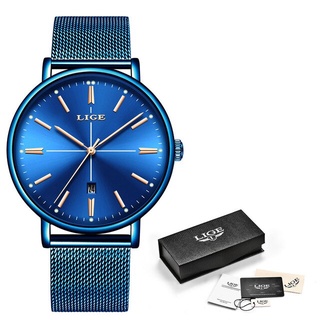 LIGE New Blue Watch Women Luxury Brand Fashion Dress Quartz Watch Ladies Full Steel Mesh Strap