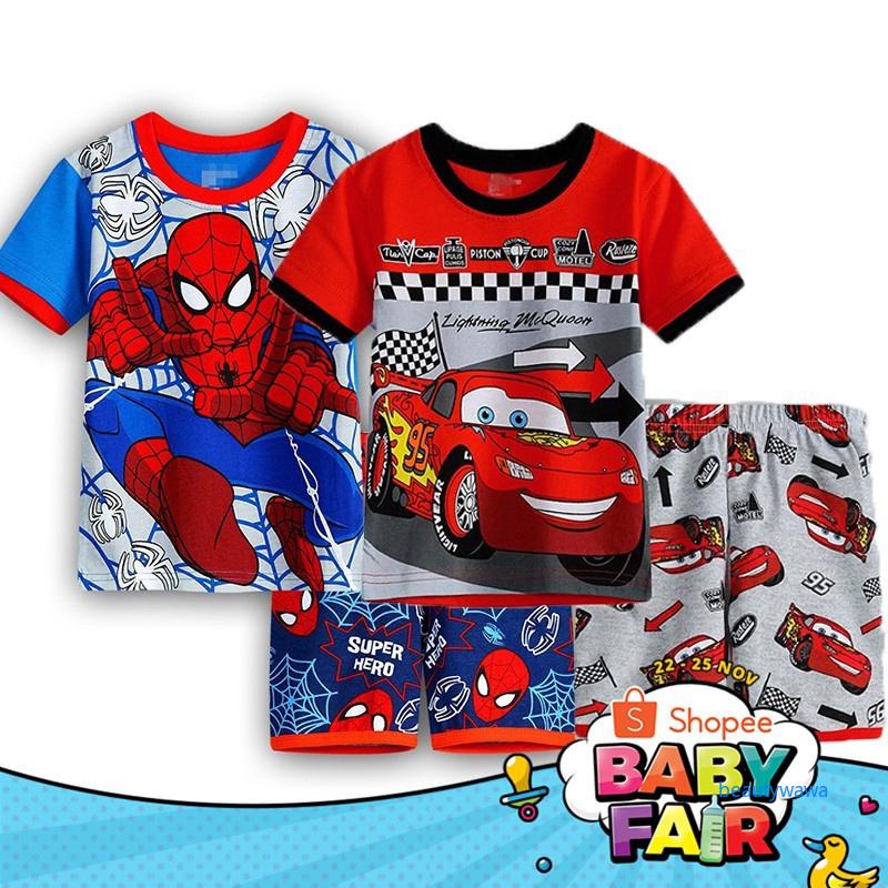 สินค้า เด็กชุดนอน เสื้อยืด กางเกงขาสั้น ลาย Super Hero สําหรับเด็กผู้ชาย