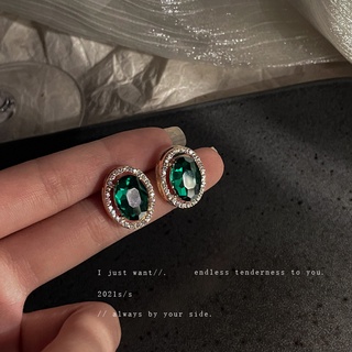 925 silver needle emerald rhinestone stud earrings retro oval earrings temperament personality earrings for girls for wo