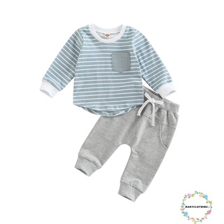Babyclothes- ชุดเสื้อแขนยาว ลายทาง + กางเกง สีพื้น สําหรับเด็กผู้ชาย