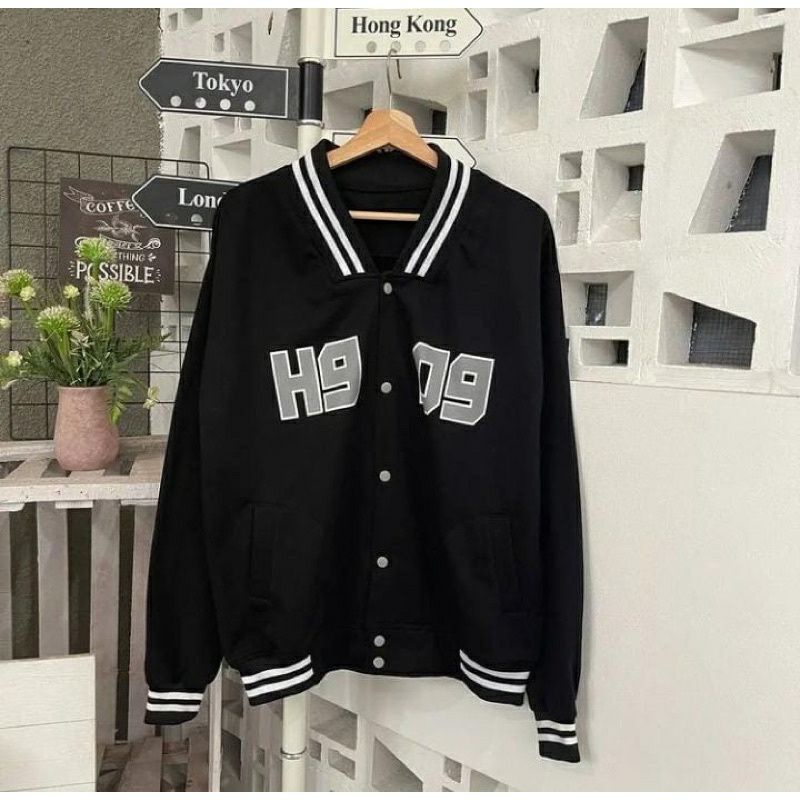เสื้อแจ็กเก็ตเบสบอล-h909-สีดํา-เสื้อแจ็คเก็ต-สไตล์เกาหลี