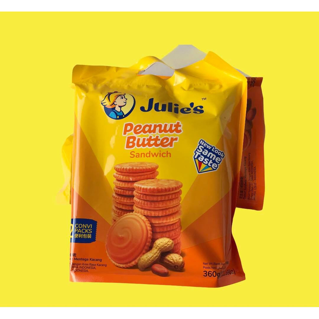 พร้อมส่ง-จูลี่เนยถั๋ว-julies-peanut-butter-sandwich-โฉมใหม่-บิสกิตคุ๊กกี้ใส้เนยถั๋ว-จูลี่ห่อส้มใหญ่-ขนมมาเลเซีย-จูลี่