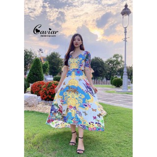 Caviar KT:Maxxi Floral Dress งานเดรสยาวคอวีหน้า-หลัง แขนศอกผูกโบว์ ชายกระโปรงทรงปล่อยพริ้วๆ