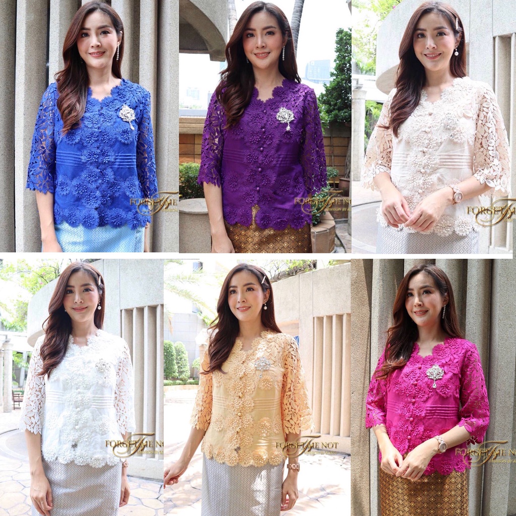 luxurydressshop-เสื้อใส่ทำบุญ-เสื้อไปงานบุญ-เสื้อลูกไม้อิตาลี่เกรดคุณภาพคอวีแต่งกระดุมด้านหน้าแขนบาน-ยาว-5-ส่วน