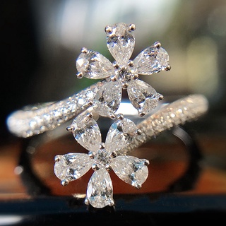 แหวนเงินแท้ 925 ประดับคริสตัล รูปดอกไม้ หรูหรา ปรับขนาดได้ เครื่องประดับ สําหรับผู้หญิง เจ้าสาว งานแต่งงาน