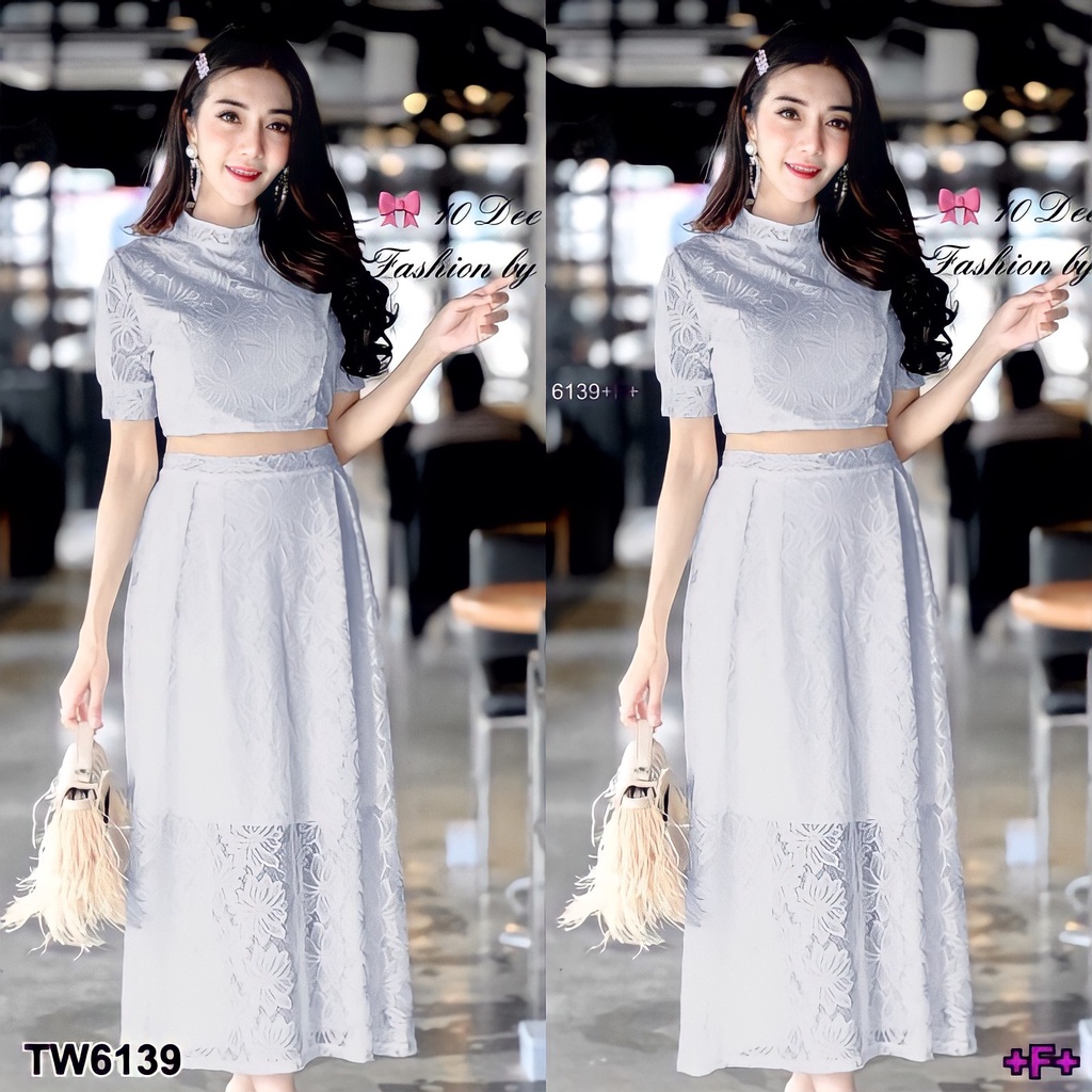 tw6139-set-2-ชิ้น-เสื้อครอปแขนสั้น-คอปีน-ผ้าลูกไม้-มีซิปหลัง-เย็บซับในติดในตัว-กับกระโปรงยาวทรงสวิงผ้าลูกไม้-ซับในเอวยืด