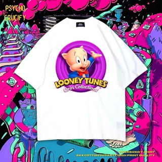 Psycho Crucify "Looney Tunes Coin Collection!" เสื้อยืด ขนาดใหญ่ | สีขาว | เสื้อยืด พิมพ์ลาย Looney Tunes Coin Collectio
