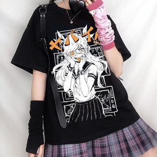 Harajuku T เสื้อ Aesthetic Gothic Punk การ์ตูนแขนสั้น O-Neck Tops ผู้หญิง dropshipping ฤดูร้อนหลวม oversize street clothes street