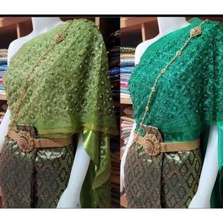 ชุดไทยสีเขียว​ ชึดไทยราคาถูก(หน้านาง+สไบ​เรียบ​+สไบ​กากเพชร​ปัก​มุข)​