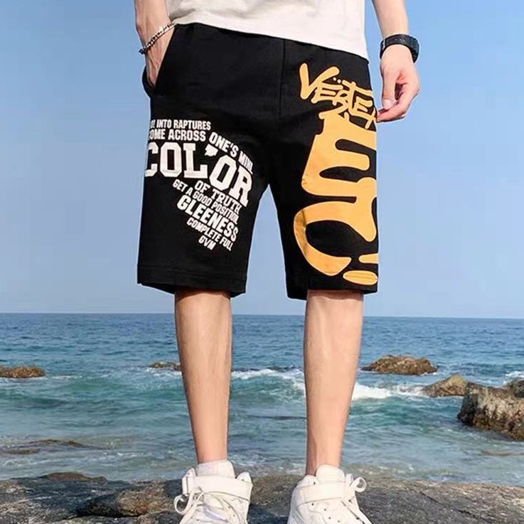 รูปภาพของผู้ชายผ้าฝ้ายสีทึบพิมพ์สบาย ๆ ขนาดใหญ่กางเกงห้าจุดบวกกางเกงขาสั้นขนาดบวกอ้วนL-6XLลองเช็คราคา