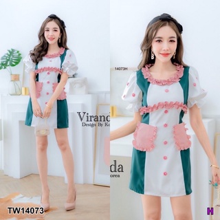 TW14073 Dress เดรสสั้น แต่งระบายคอ ระบายอก แขนพองปลายแขนสม๊อค มีกระเป๋าหน้าเก๋ๆ ดีเทล ติดดอก