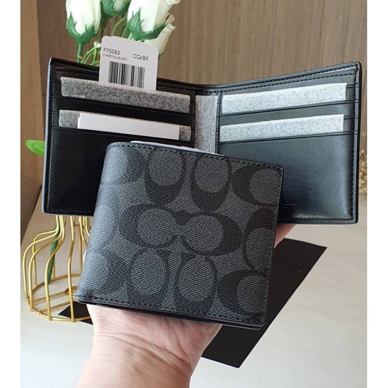 ผ่อน0-กระเป๋าสตางค์ชาย-coach-double-billfold-wallet-in-signature-f75083-ลายซี-สีเทาดำ-แบบบาง-ไม่มีไส้