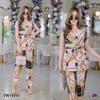 TW14995 Set 3 ชิ้น #สาวอวบ เสื้อทรงสูทแขนกุด มีกระดุมหน้า พร้อมโบว์ผูกเอว มาคู่กับกางเกงขายาว ทรงสวย เนื้อผ้าวูลพีท