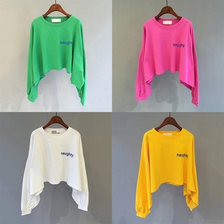 Comeandbuy- เสื้อครอปกันหนาว แขนยาว เอวสูง ทรงหลวม สไตล์เกาหลี อินเทรนด์ฤดูใบไม้ร่วง ฤดูหนาว สําหรับผู้หญิง