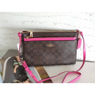 (ผ่อน0%) กระเป๋าสะพายข้าง Coach EAST/WEST CROSSBODY WITH POP-UP POUCH IN SIGNATURE COATED CANVAS F23856 ลายซี สีน้ำตาล