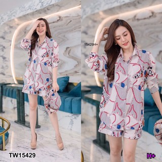 TW15429  Set เสื้อเชิ้ตแขนยาวทรงใหญ่ ผ้า 100D ลายกราฟฟิก + กางเกงขาสั้น เอวสม็อคหลัง ลายเข้าชุด มาพร้อมกับหมวกทรงบัคเก็ต