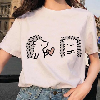 Kawaii เสื้อยืด พิมพ์ลายการ์ตูนเม่นน่ารัก สไตล์เกาหลีวินเทจ สําหรับผู้หญิง