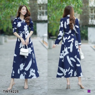 TW14228  Maxi Dress เดรสเชิ้ตยาว กระดุมหน้า แขนยาว มีเชือกผูกเอว เนื้อผ้า 100D พิมพ์ลาย พร้อมส่ง