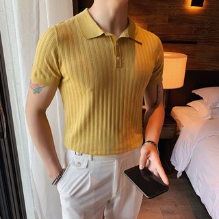 สินค้า Summer light luxury business casual slim knit short-sleeved polo shirt male Britishtrend brand slim lapel solid color T-