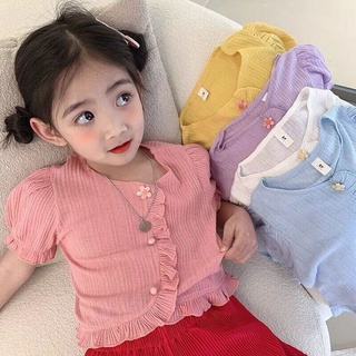 เสื้อยืดแขนสั้น ผ้าฝ้าย แบบบาง แต่งระบาย แฟชั่นฤดูร้อน สไตล์เกาหลี สําหรับเด็กผู้หญิง อายุ 2-6 ปี