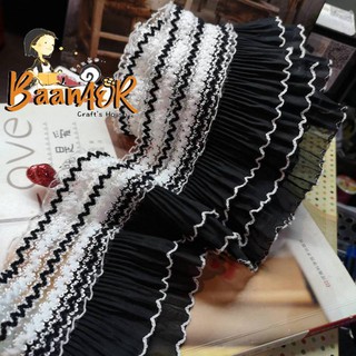 LACEs10401 ผ้าลูกไม้ ริมระบาย สองชั้น สีดำ กว้าง 10cm x ความยาว 90เซนติเมตร lace trim ribbon