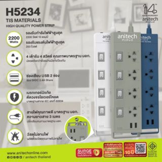 ปลั๊กไฟ anitech h5234 4ช่อง 4สวิตช์ 2usb