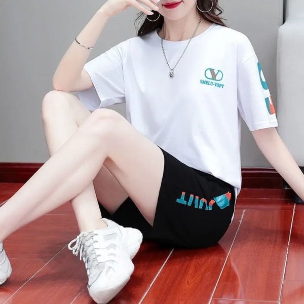 เสื้อยืดผู้หญิง-เสื้อยืดไซส์ใหญ่-สูท-cotton-casual-suit-short-womens-wave-ins-ins-ฤดูร้อนเวอร์ชั่นเกาหลีแฟชั่น-lo