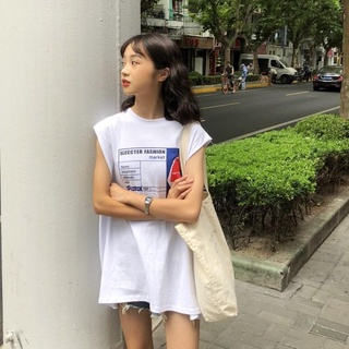 WANG JIAO ZHAN เสื้อยืดคอกลมแขนกุดพิมพ์ลายตัวอักษรเกาหลี