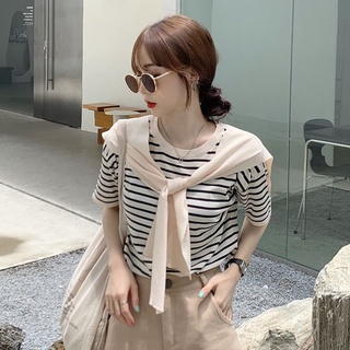 [Follow Store Instantly Reduce 30] เสื้อกันหนาว แขนสั้น ผ้าเรยอน ลายทาง แฟชั่นฤดูใบไม้ผลิ และฤดูร้อน สําหรับผู้หญิง